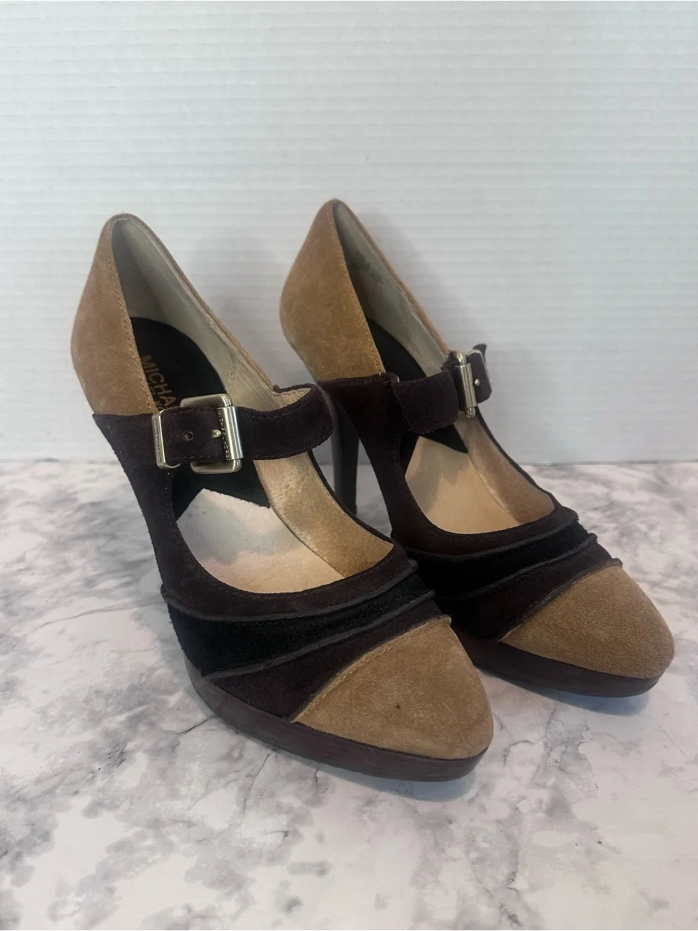Michael Kors Suede Mary Jane Platform Heels Brown/Tan Pointed Toe Size 8